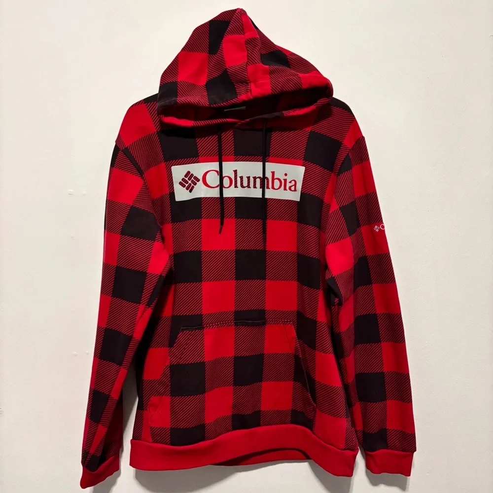 🆗 Columbia Red and Black Buffalo Plaid Hooded Sweater - Picture 1 of 6